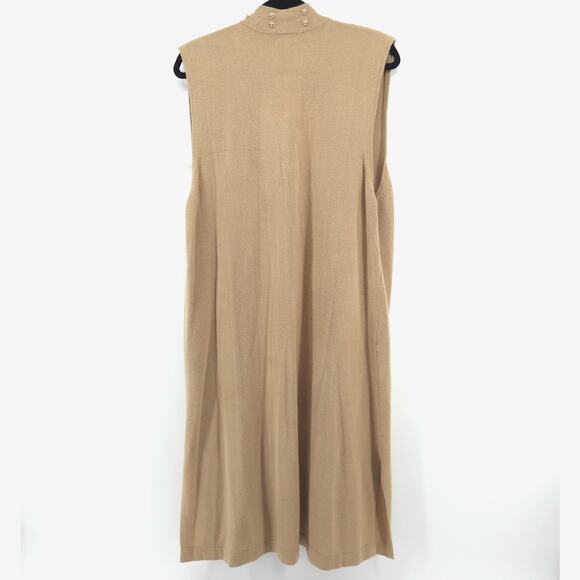 Vintage CXT 70s BohoTan Beaded Neckline OpenFront Duster Sleeveless Split Hem XL - Picture 8 of 11